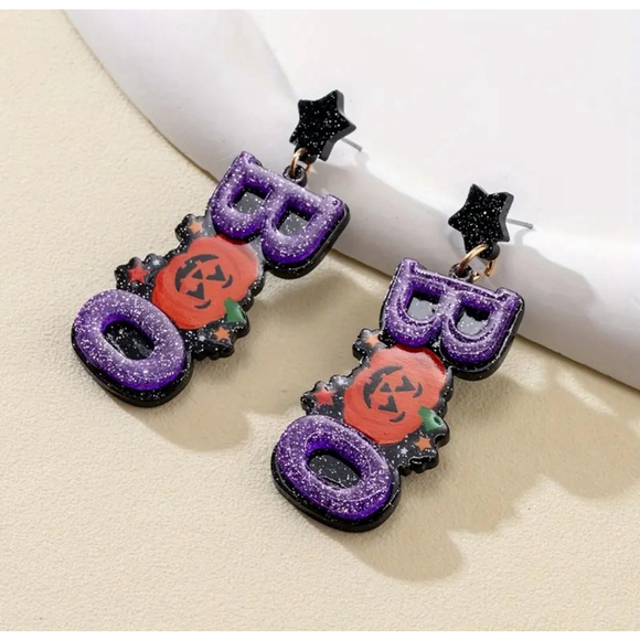 Boo Acrylic Pumpkin Star Stud Back Dangle Earrings - Picture 2 of 4